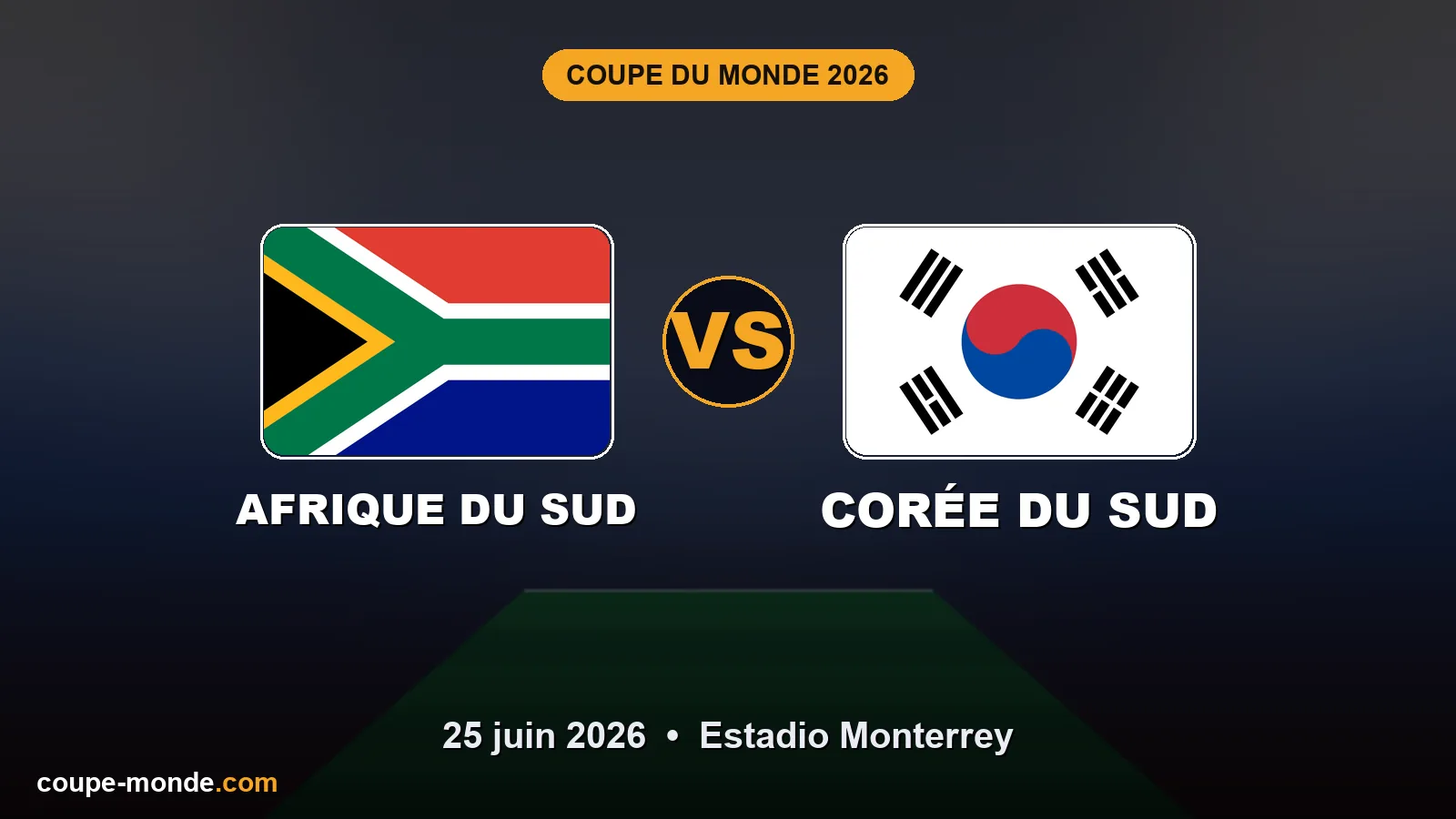 Pronostic Afrique du Sud - Corée du Sud, Coupe du Monde 2026 : drapeaux, date et affiche du match