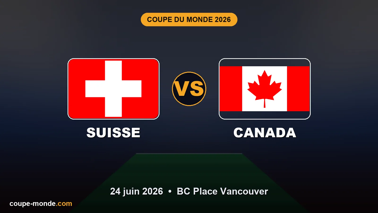 Pronostic Suisse - Canada, Coupe du Monde 2026 : drapeaux, date et affiche du match